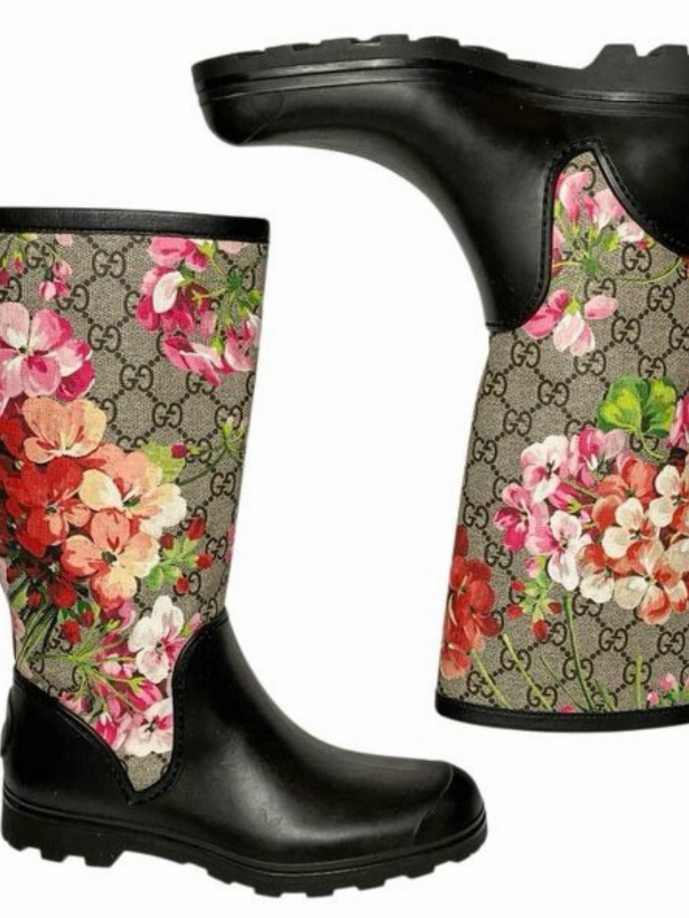 Gucci Black Floral GG Canvas Rain Boots — Multicolor Floral Print